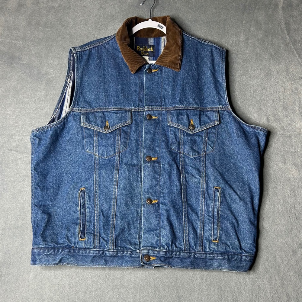 Ruddock Bros Denim Vest Corduroy Collar Western Jean Sleeveless Jacket Size XL